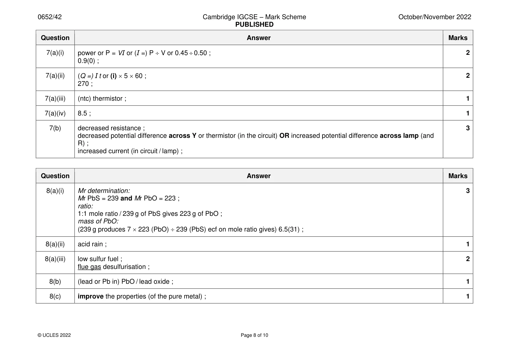 Mark scheme, page 8 of 10
