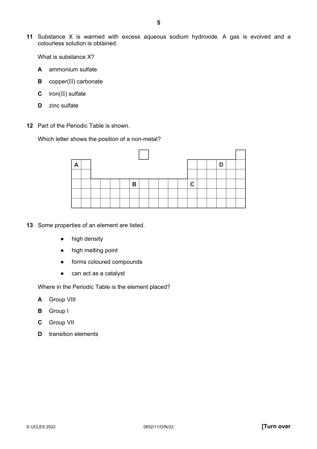 Cambridge IGCSE Physical Science 0652 2022 Oct/Nov Paper 1 · Variant 1 question paper, page 5 of 16