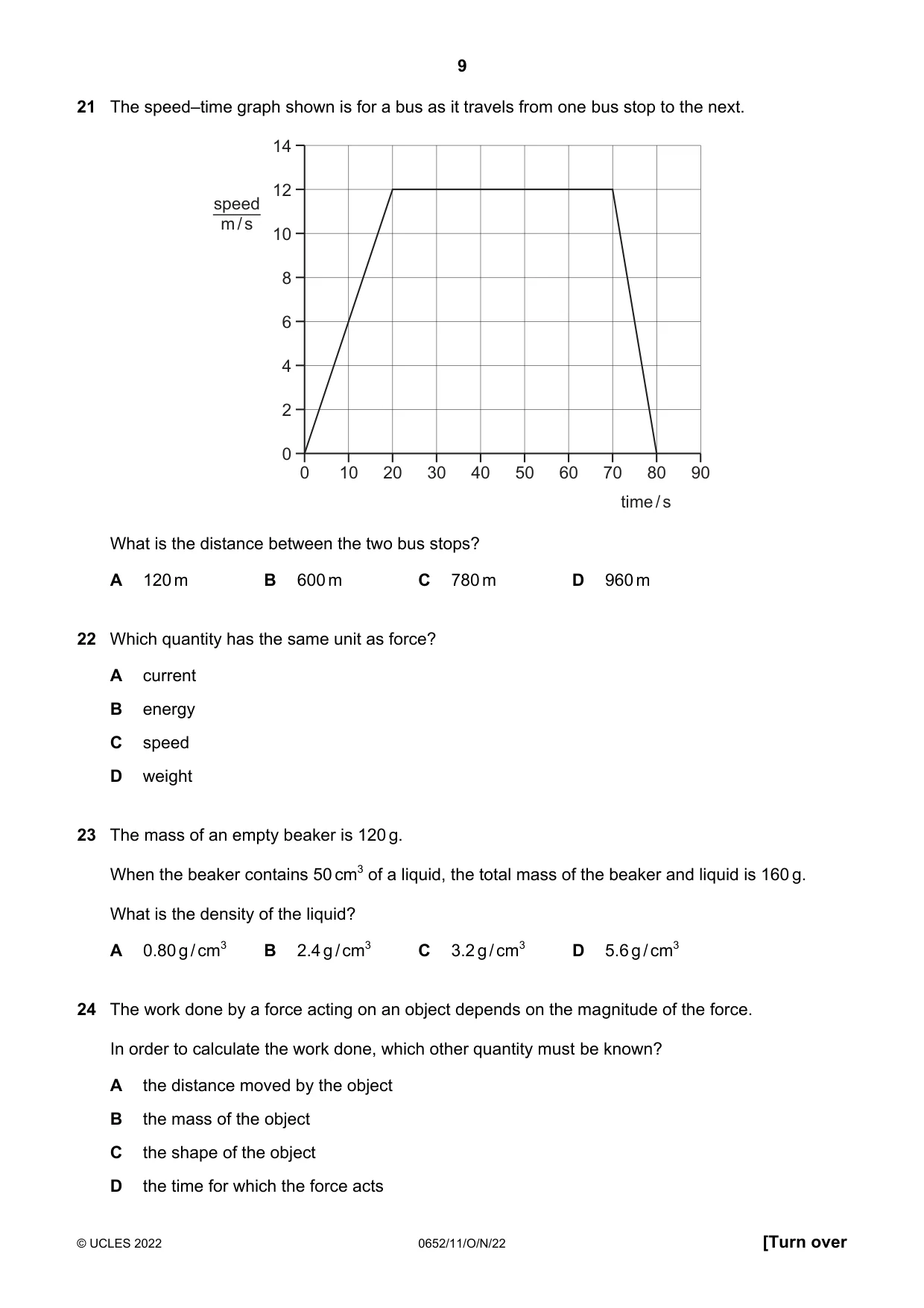 Cambridge IGCSE Physical Science 0652 2022 Oct/Nov Paper 1 · Variant 1 question paper, page 9 of 16