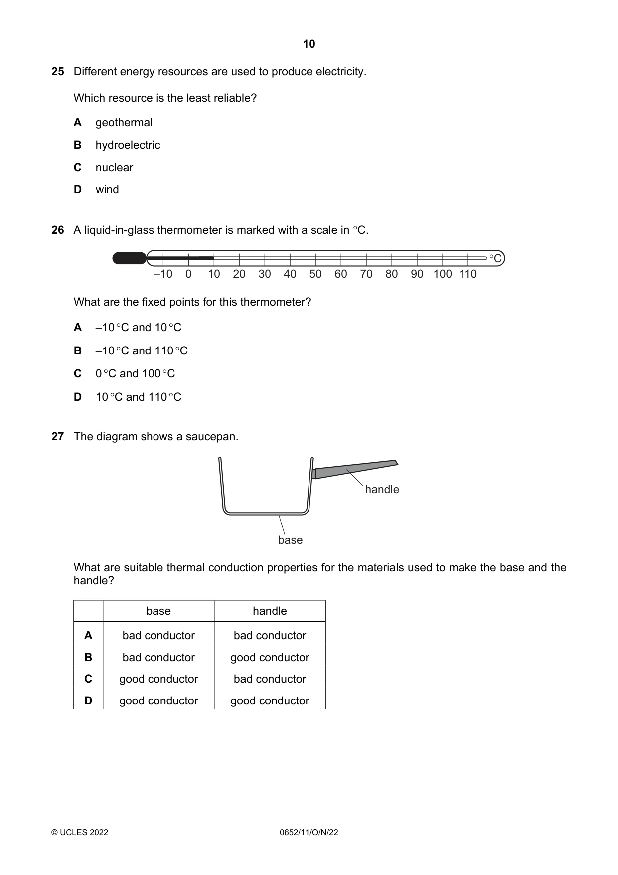 Cambridge IGCSE Physical Science 0652 2022 Oct/Nov Paper 1 · Variant 1 question paper, page 10 of 16