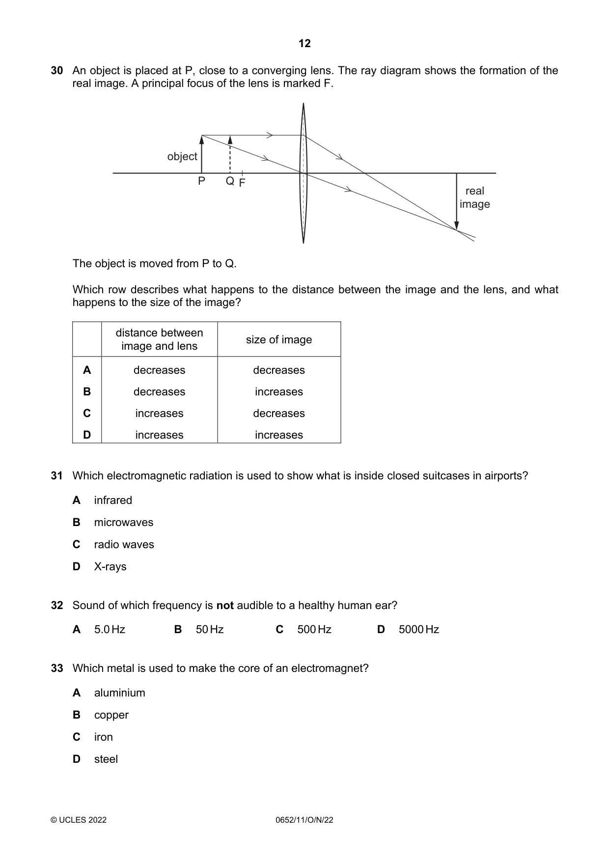 Cambridge IGCSE Physical Science 0652 2022 Oct/Nov Paper 1 · Variant 1 question paper, page 12 of 16