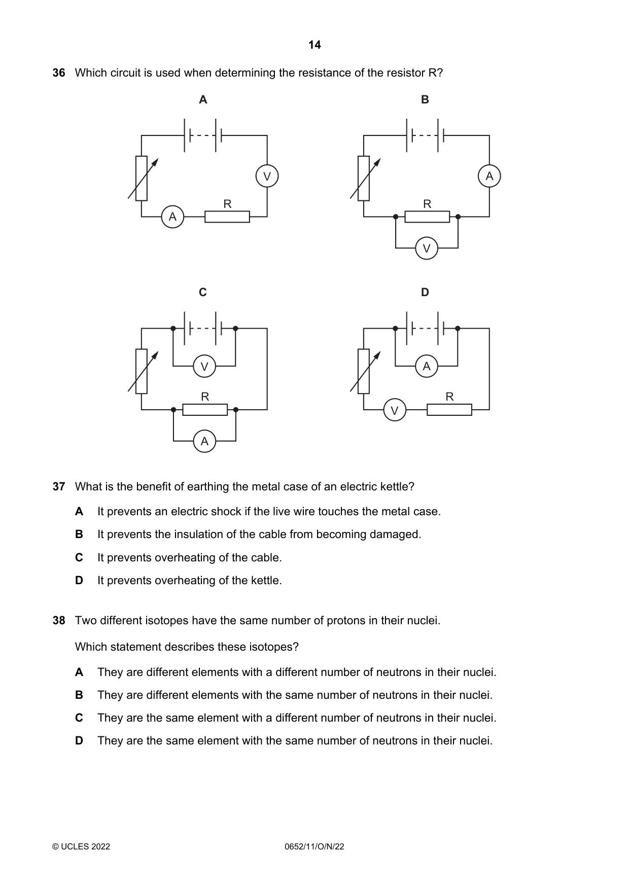 Cambridge IGCSE Physical Science 0652 2022 Oct/Nov Paper 1 · Variant 1 question paper, page 14 of 16