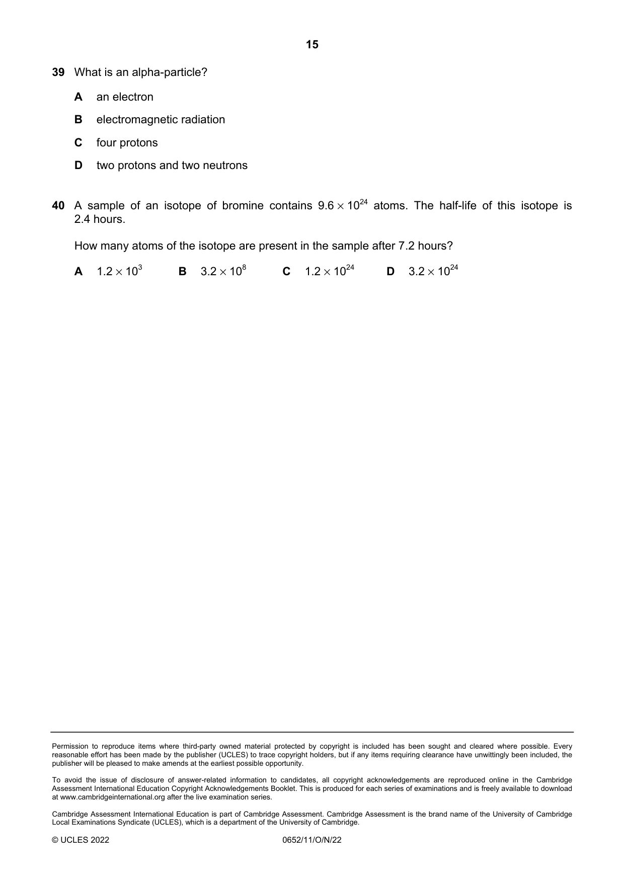Cambridge IGCSE Physical Science 0652 2022 Oct/Nov Paper 1 · Variant 1 question paper, page 15 of 16