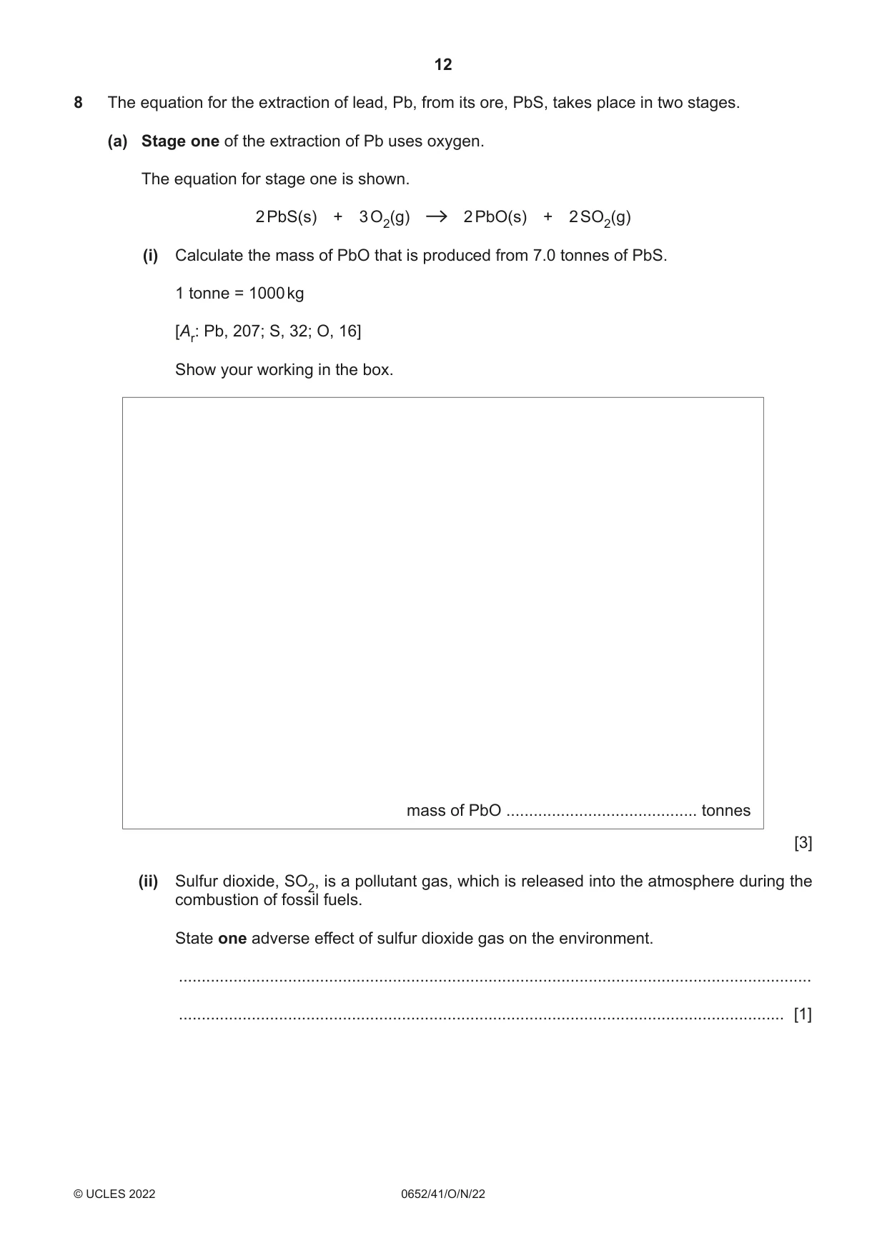 Cambridge IGCSE Physical Science 0652 2022 Oct/Nov Paper 4 · Variant 1 question paper, page 12 of 20