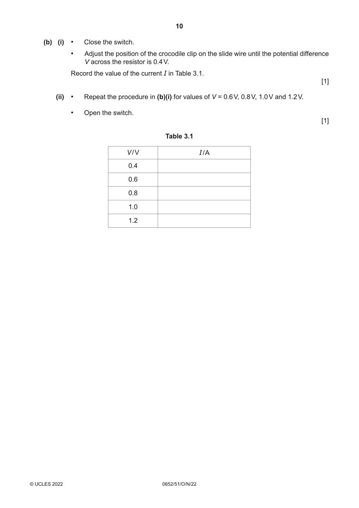 Cambridge IGCSE Physical Science 0652 2022 Oct/Nov Paper 5 · Variant 1 question paper, page 10 of 16