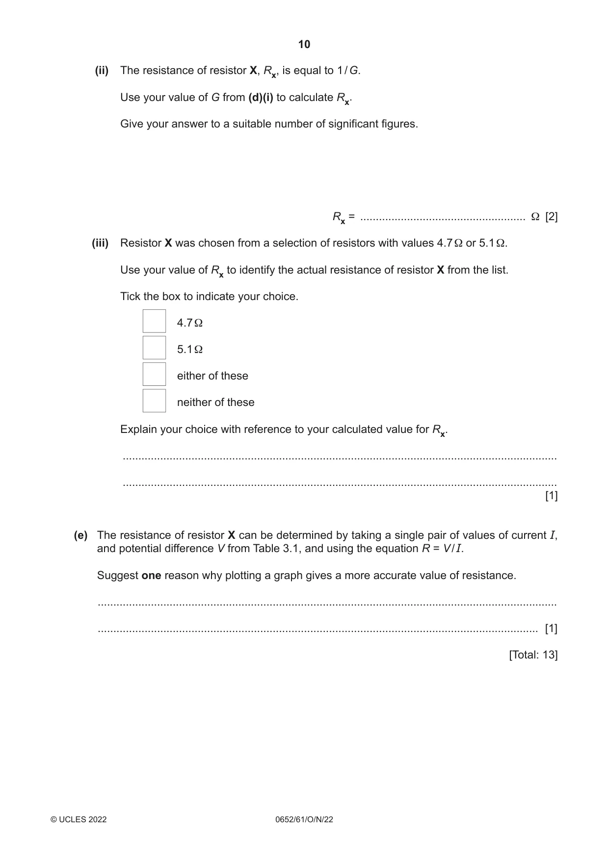 Cambridge IGCSE Physical Science 0652 2022 Oct/Nov Paper 6 · Variant 1 question paper, page 10 of 12
