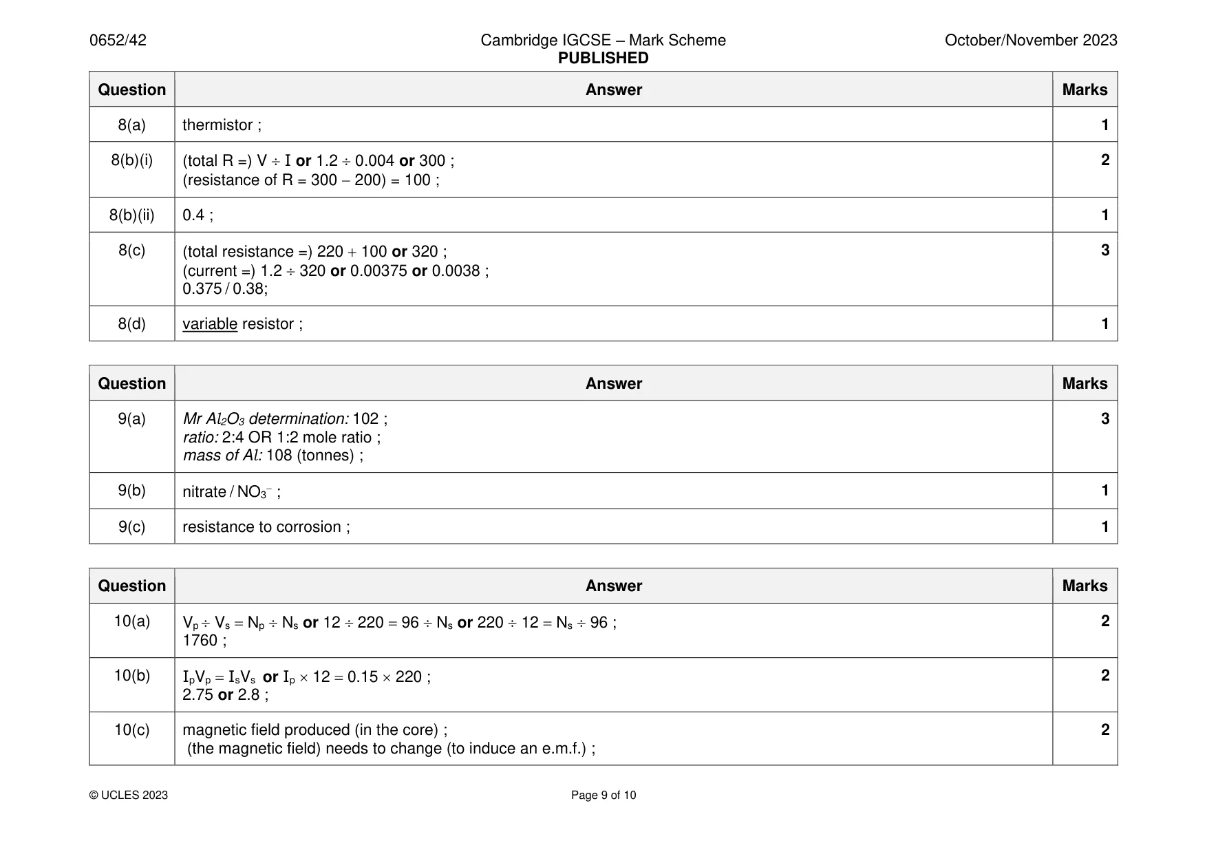 Mark scheme, page 9 of 10