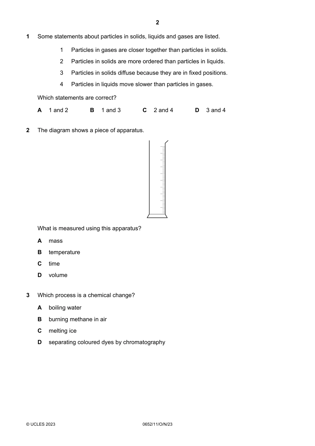 Cambridge IGCSE Physical Science 0652 2023 Oct/Nov Paper 1 · Variant 1 question paper, page 2 of 16