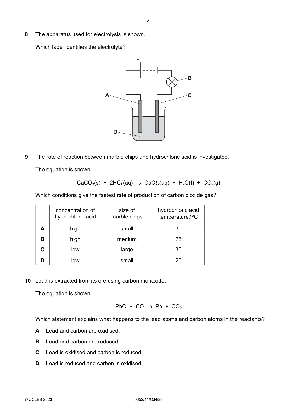 Cambridge IGCSE Physical Science 0652 2023 Oct/Nov Paper 1 · Variant 1 question paper, page 4 of 16