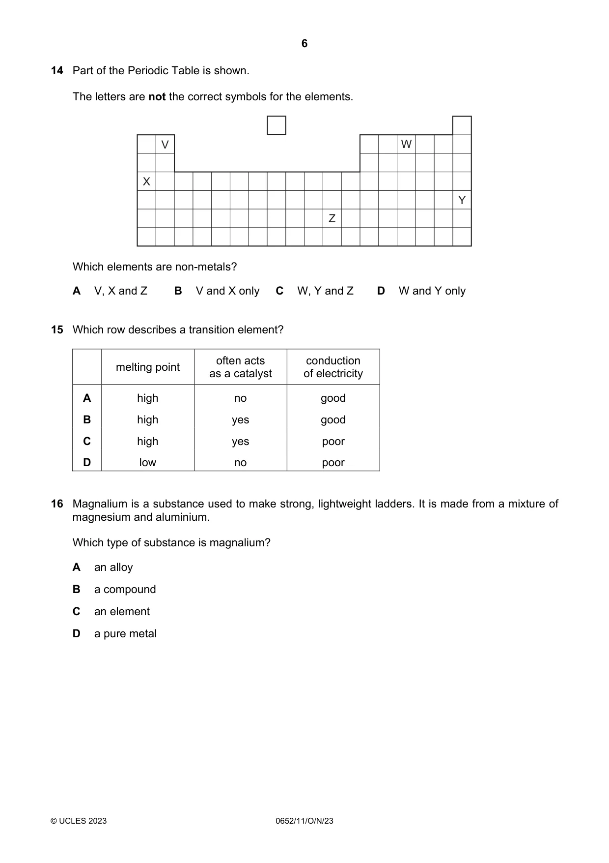 Cambridge IGCSE Physical Science 0652 2023 Oct/Nov Paper 1 · Variant 1 question paper, page 6 of 16
