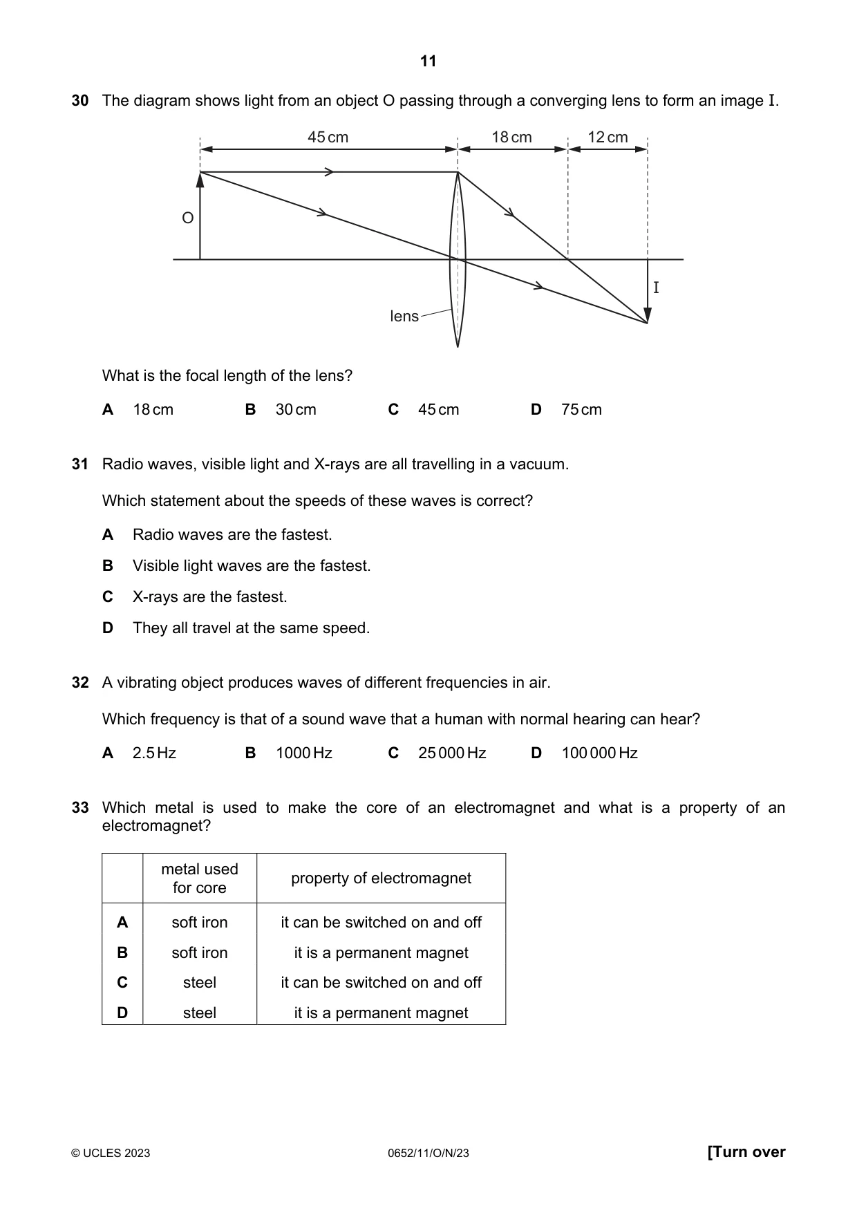 Cambridge IGCSE Physical Science 0652 2023 Oct/Nov Paper 1 · Variant 1 question paper, page 11 of 16