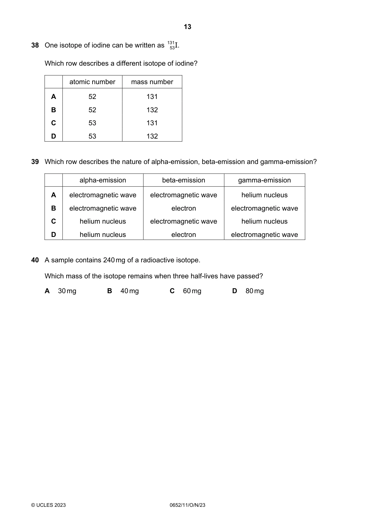 Cambridge IGCSE Physical Science 0652 2023 Oct/Nov Paper 1 · Variant 1 question paper, page 13 of 16