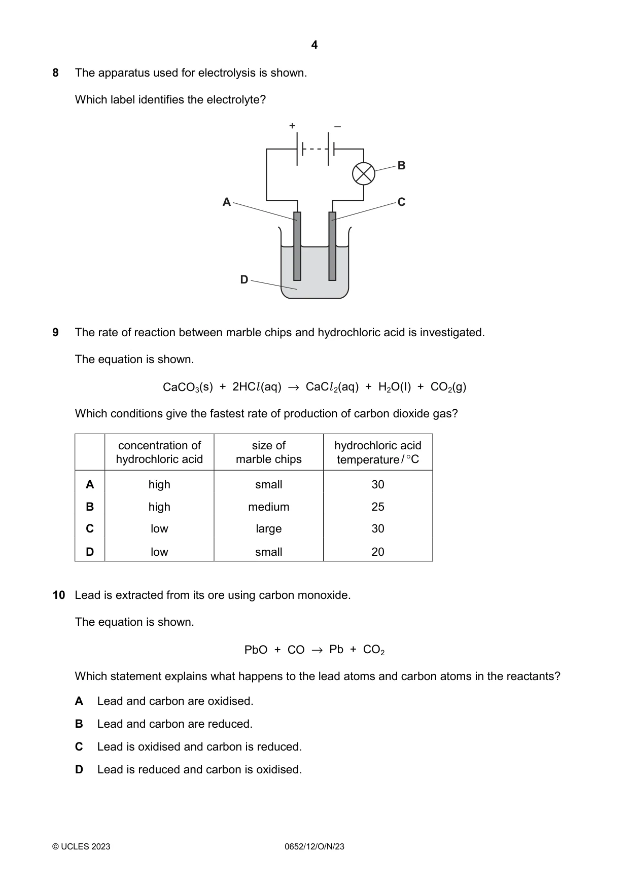 Cambridge IGCSE Physical Science 0652 2023 Oct/Nov Paper 1 · Variant 2 question paper, page 4 of 16