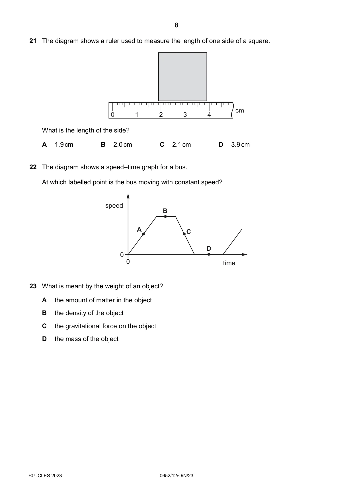 Cambridge IGCSE Physical Science 0652 2023 Oct/Nov Paper 1 · Variant 2 question paper, page 8 of 16