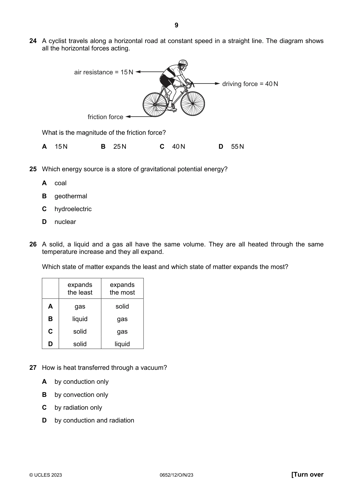 Cambridge IGCSE Physical Science 0652 2023 Oct/Nov Paper 1 · Variant 2 question paper, page 9 of 16
