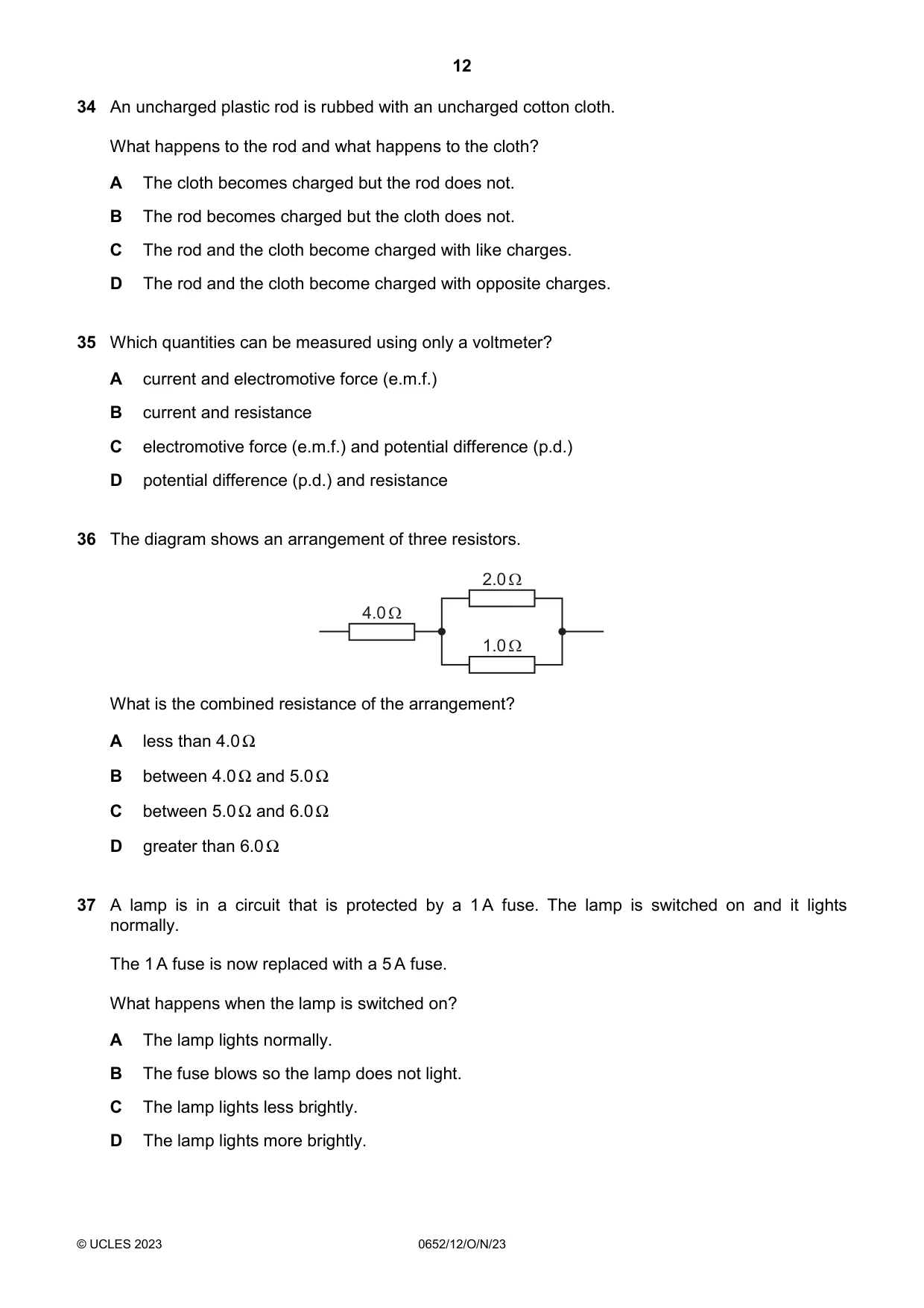 Cambridge IGCSE Physical Science 0652 2023 Oct/Nov Paper 1 · Variant 2 question paper, page 12 of 16