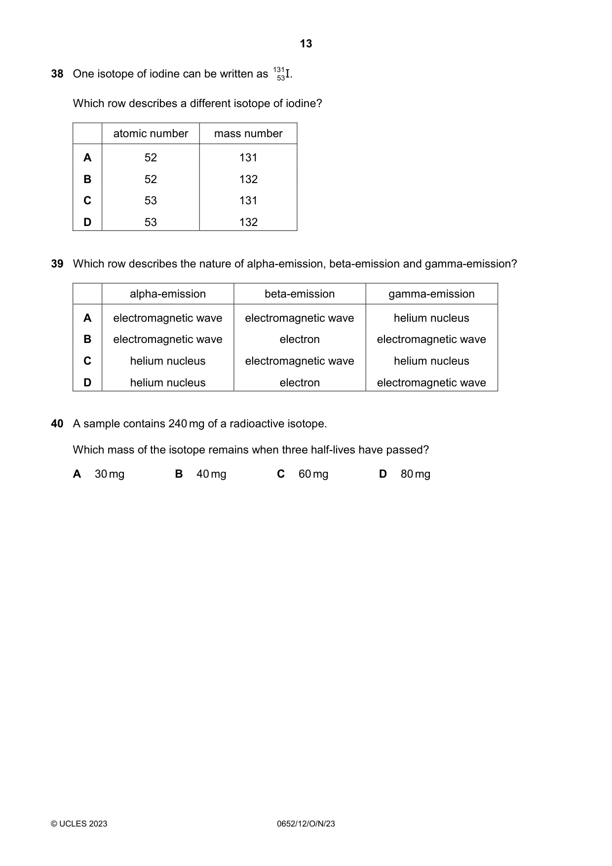 Cambridge IGCSE Physical Science 0652 2023 Oct/Nov Paper 1 · Variant 2 question paper, page 13 of 16