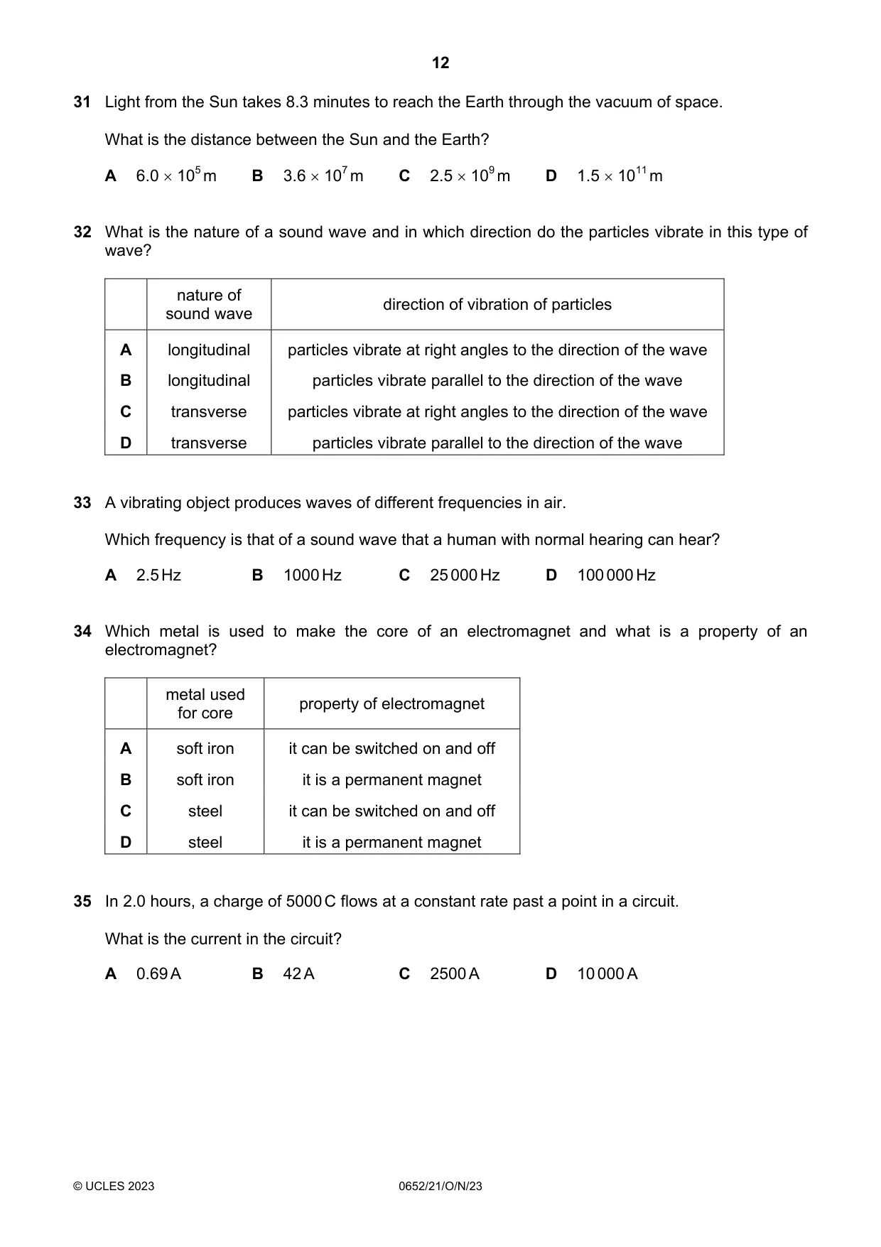 Cambridge IGCSE Physical Science 0652 2023 Oct/Nov Paper 2 · Variant 1 question paper, page 12 of 16