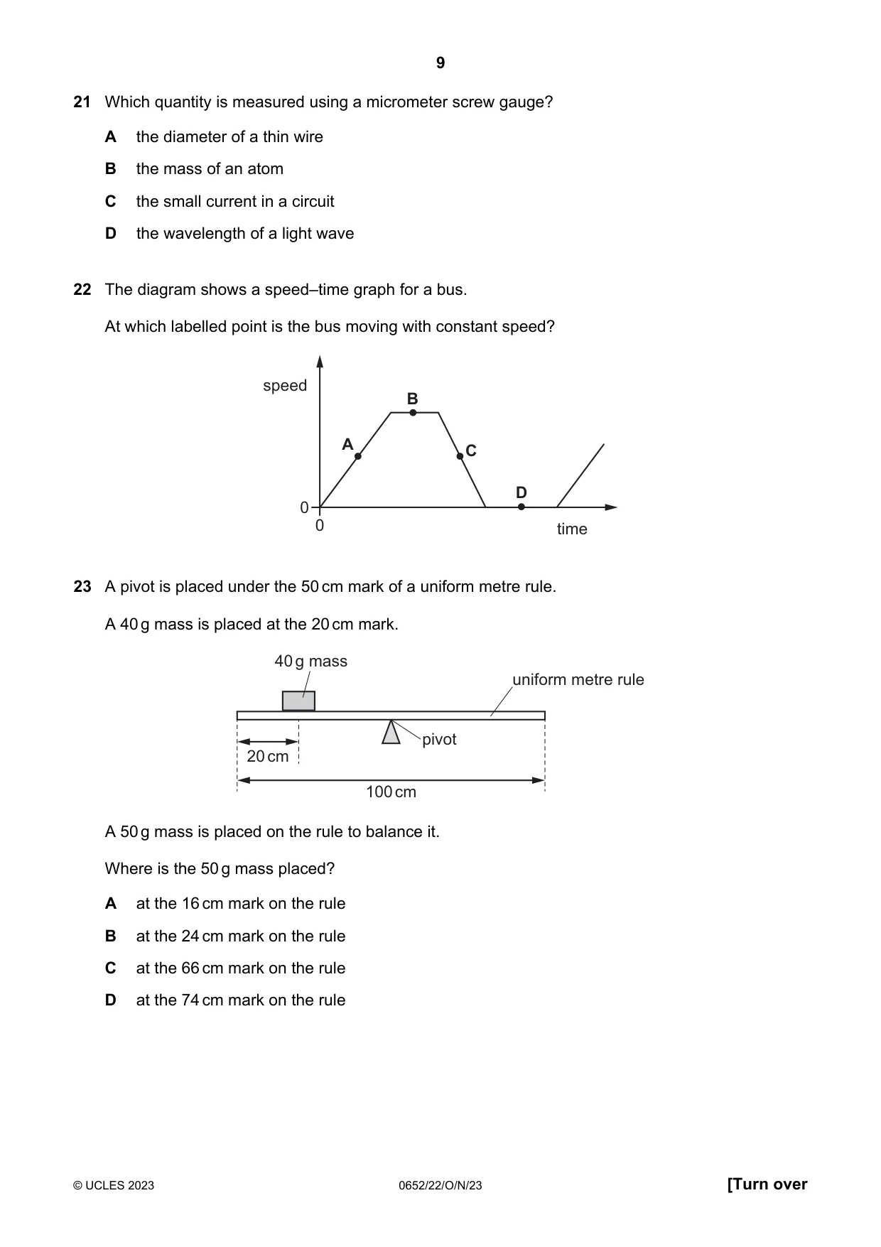 Cambridge IGCSE Physical Science 0652 2023 Oct/Nov Paper 2 · Variant 2 question paper, page 9 of 16