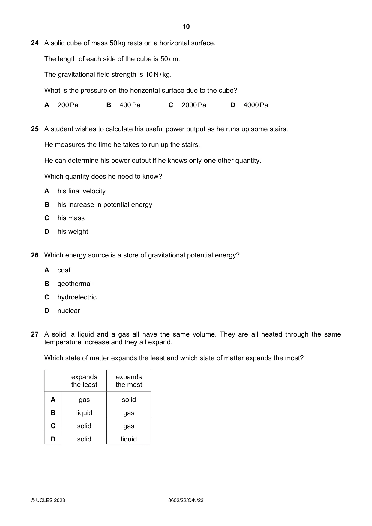 Cambridge IGCSE Physical Science 0652 2023 Oct/Nov Paper 2 · Variant 2 question paper, page 10 of 16