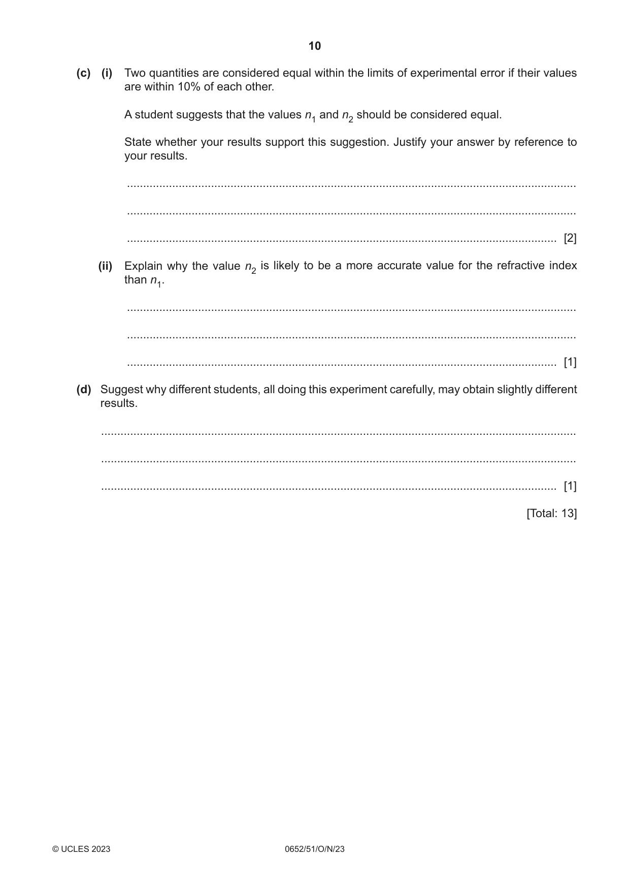 Cambridge IGCSE Physical Science 0652 2023 Oct/Nov Paper 5 · Variant 1 question paper, page 10 of 16