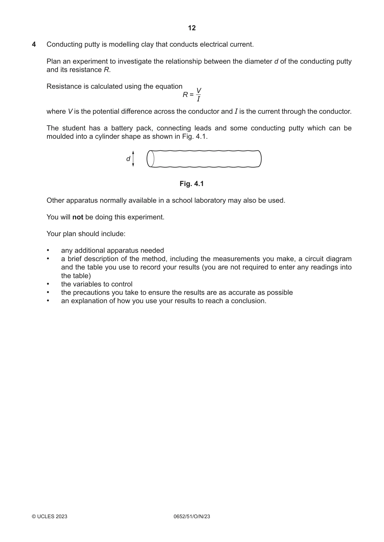 Cambridge IGCSE Physical Science 0652 2023 Oct/Nov Paper 5 · Variant 1 question paper, page 12 of 16