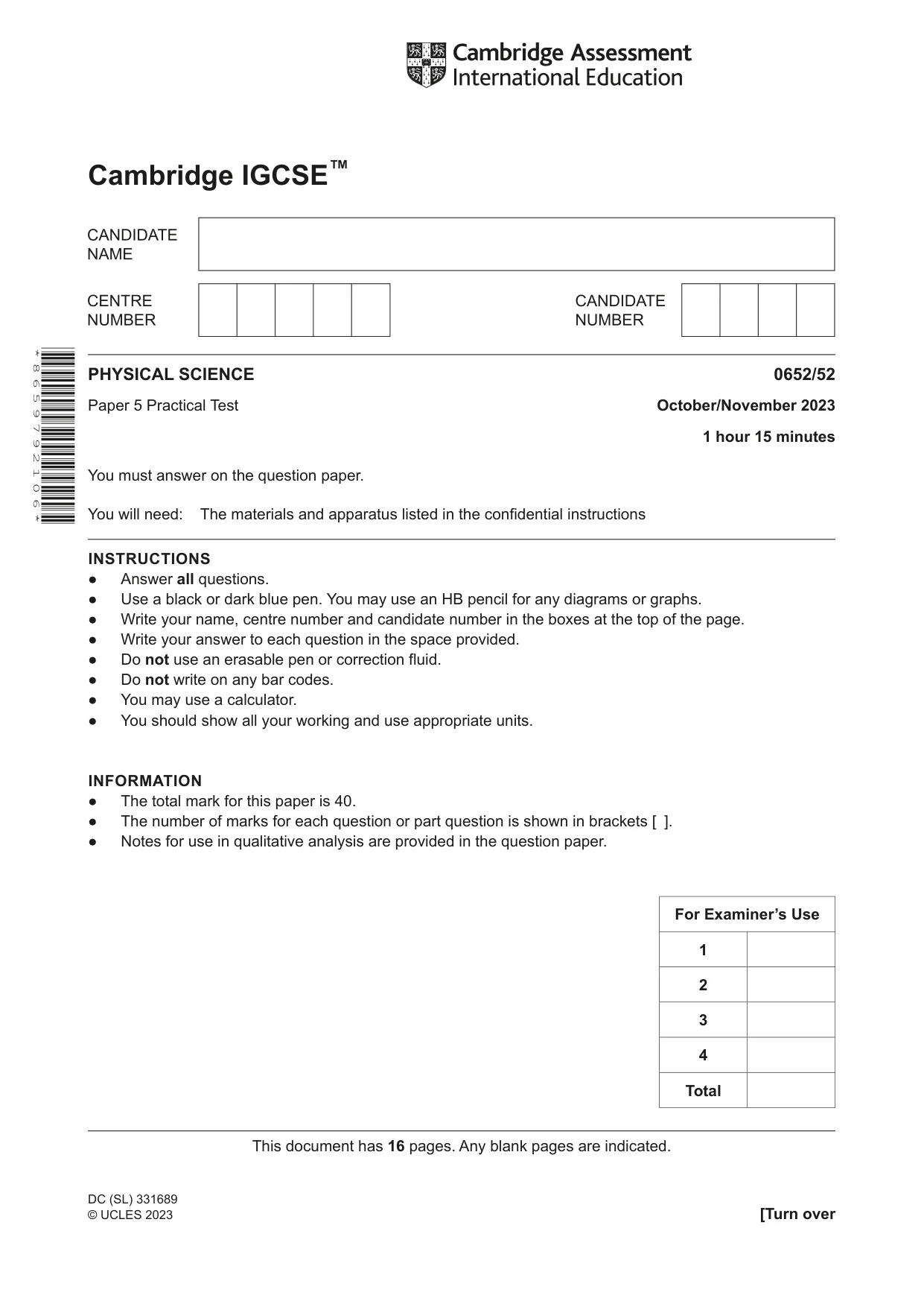 Cambridge IGCSE Physical Science 0652 2023 Oct/Nov Paper 5 · Variant 2 question paper, page 1 of 16