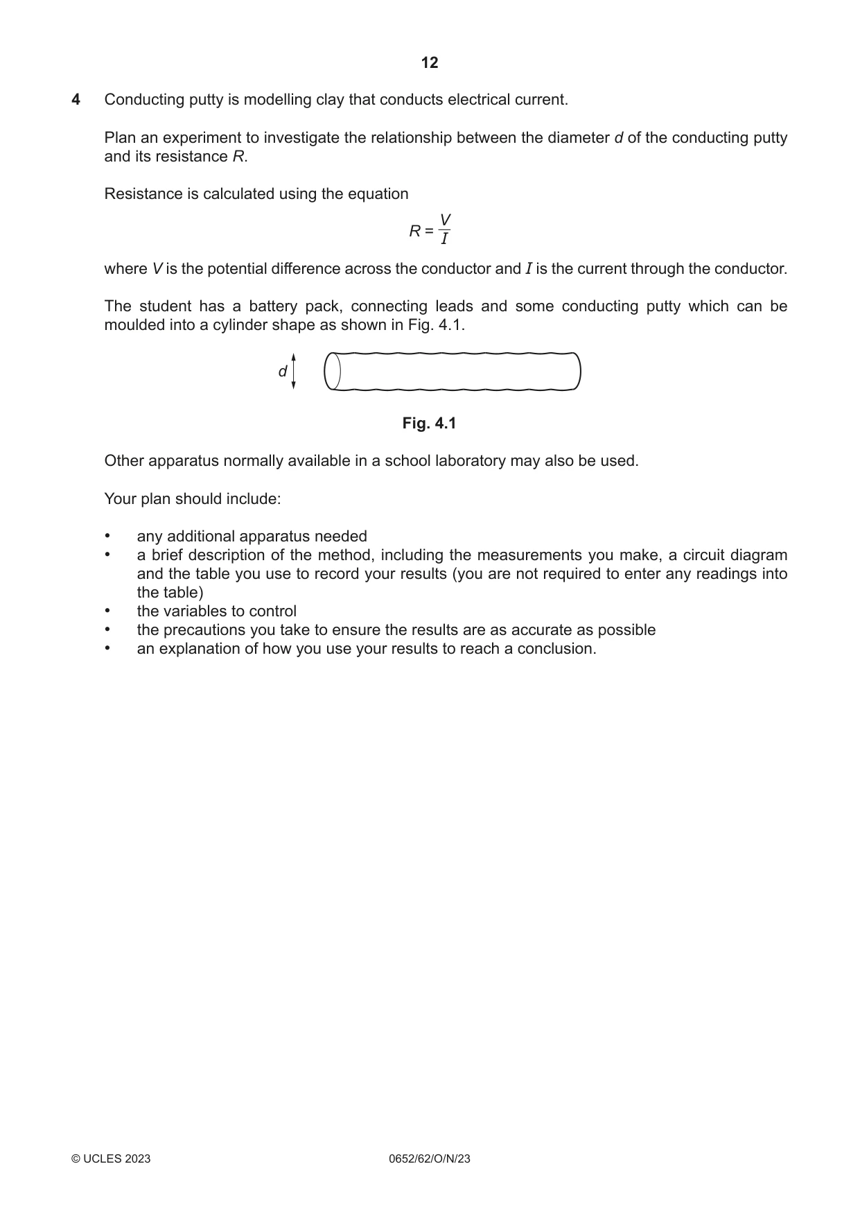 Cambridge IGCSE Physical Science 0652 2023 Oct/Nov Paper 6 · Variant 2 question paper, page 12 of 16