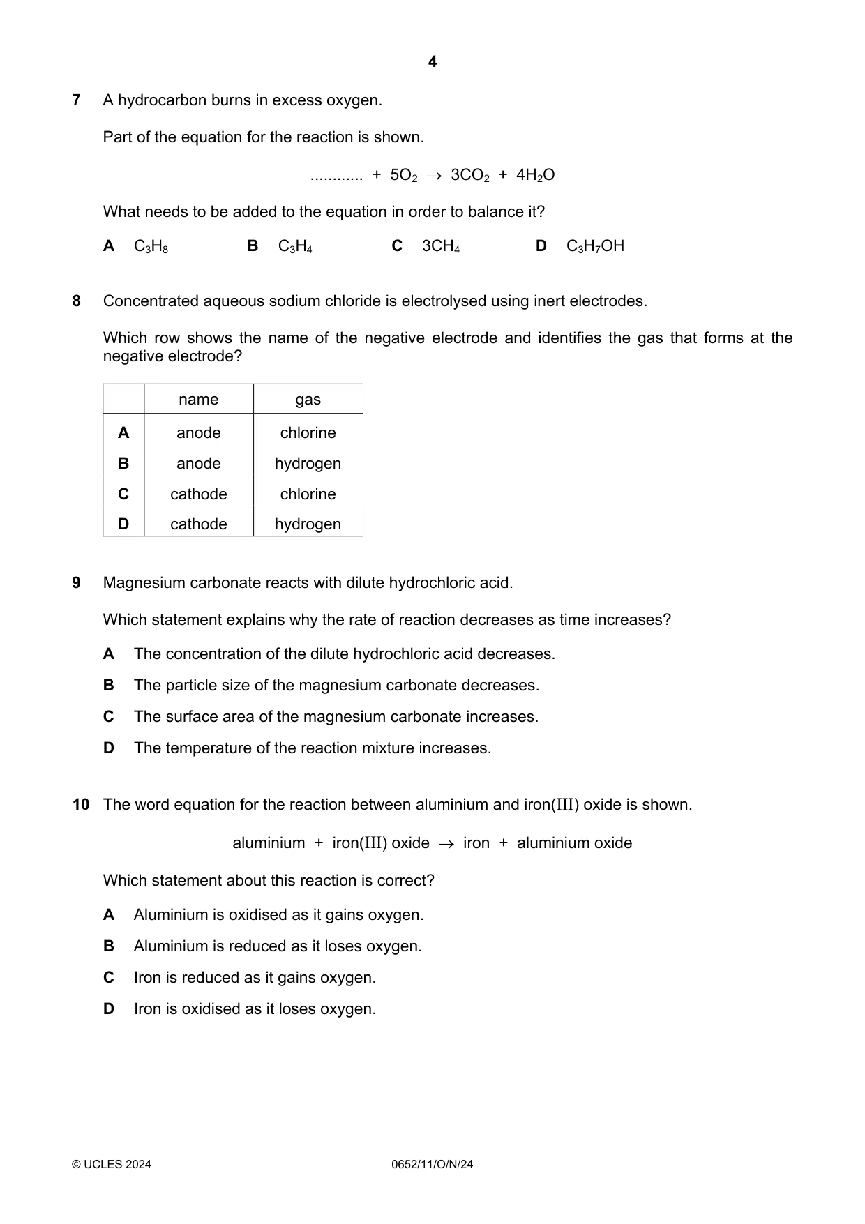 Cambridge IGCSE Physical Science 0652 2024 Oct/Nov Paper 1 · Variant 1 question paper, page 4 of 16