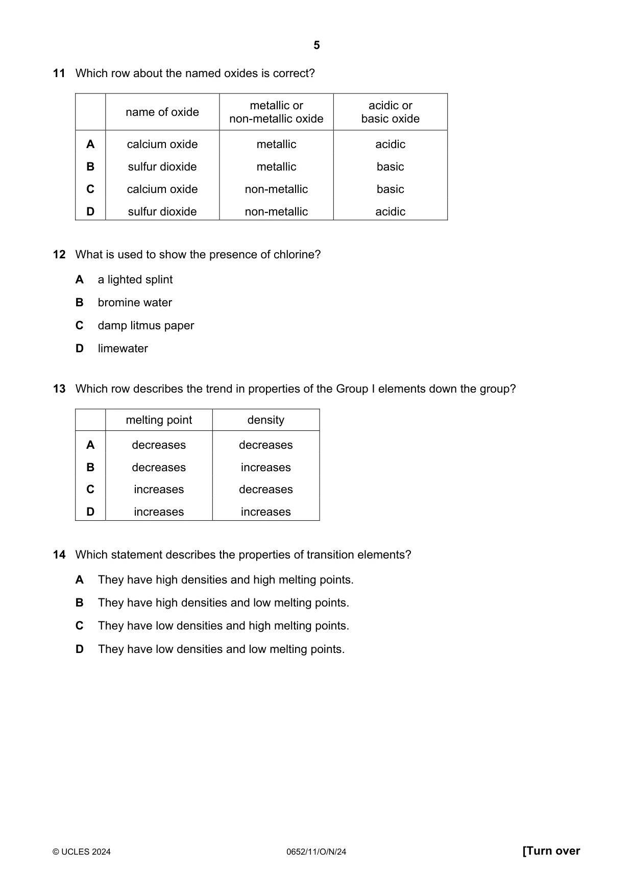Cambridge IGCSE Physical Science 0652 2024 Oct/Nov Paper 1 · Variant 1 question paper, page 5 of 16