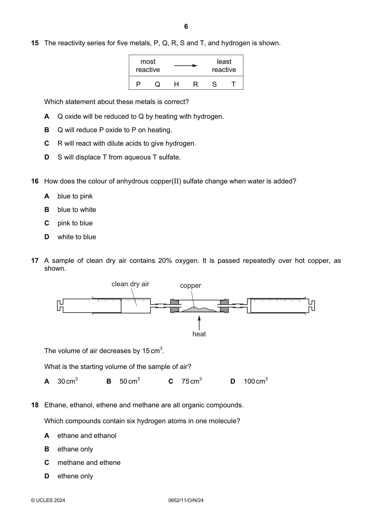 Cambridge IGCSE Physical Science 0652 2024 Oct/Nov Paper 1 · Variant 1 question paper, page 6 of 16