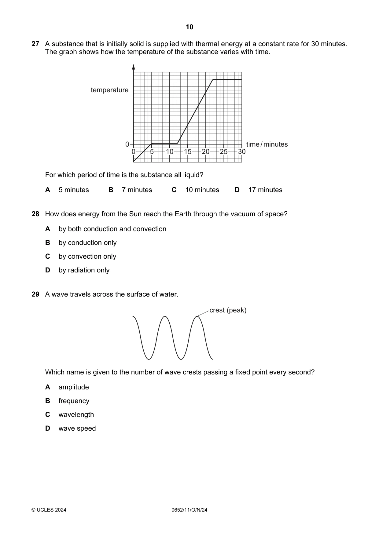 Cambridge IGCSE Physical Science 0652 2024 Oct/Nov Paper 1 · Variant 1 question paper, page 10 of 16
