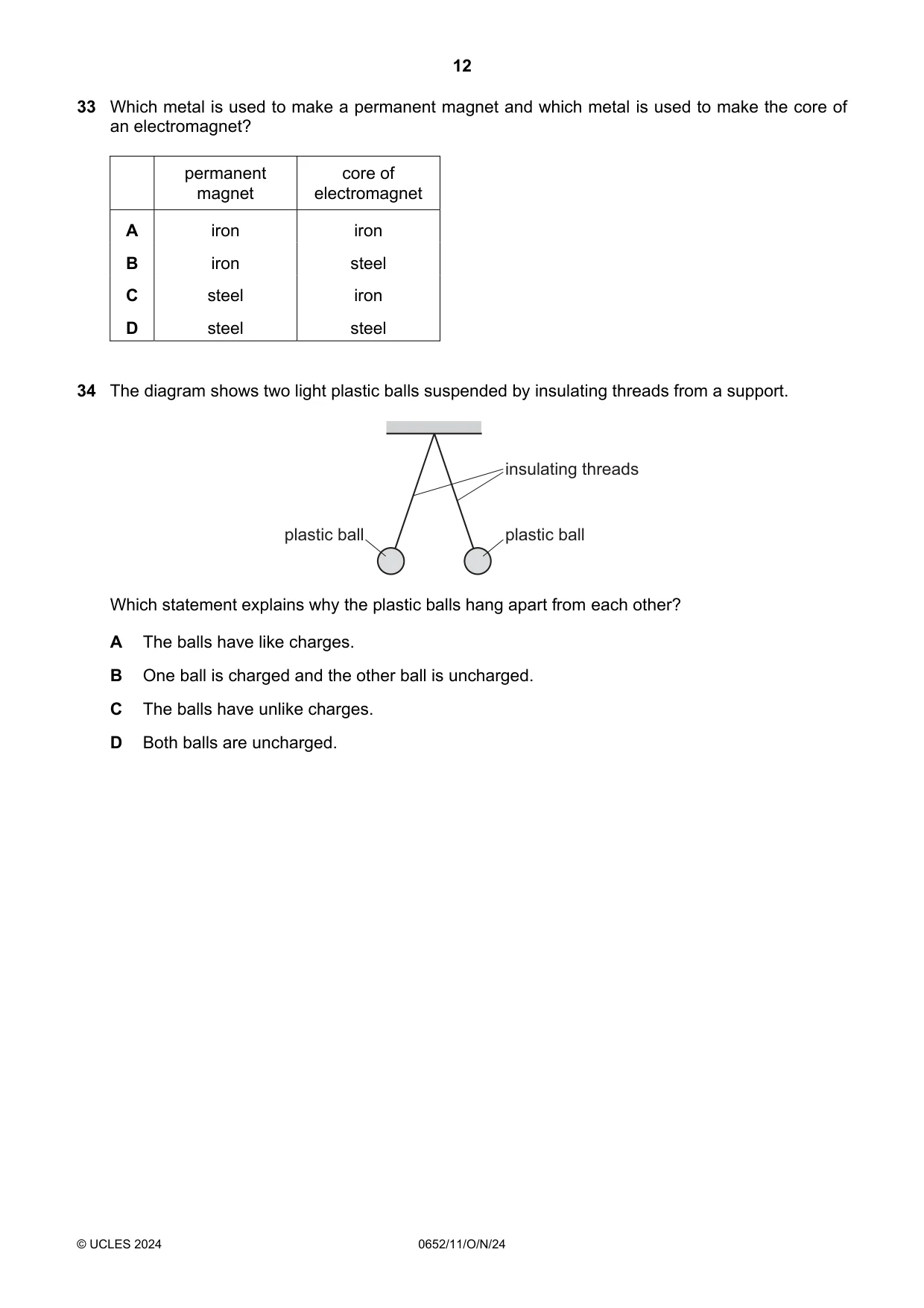 Cambridge IGCSE Physical Science 0652 2024 Oct/Nov Paper 1 · Variant 1 question paper, page 12 of 16
