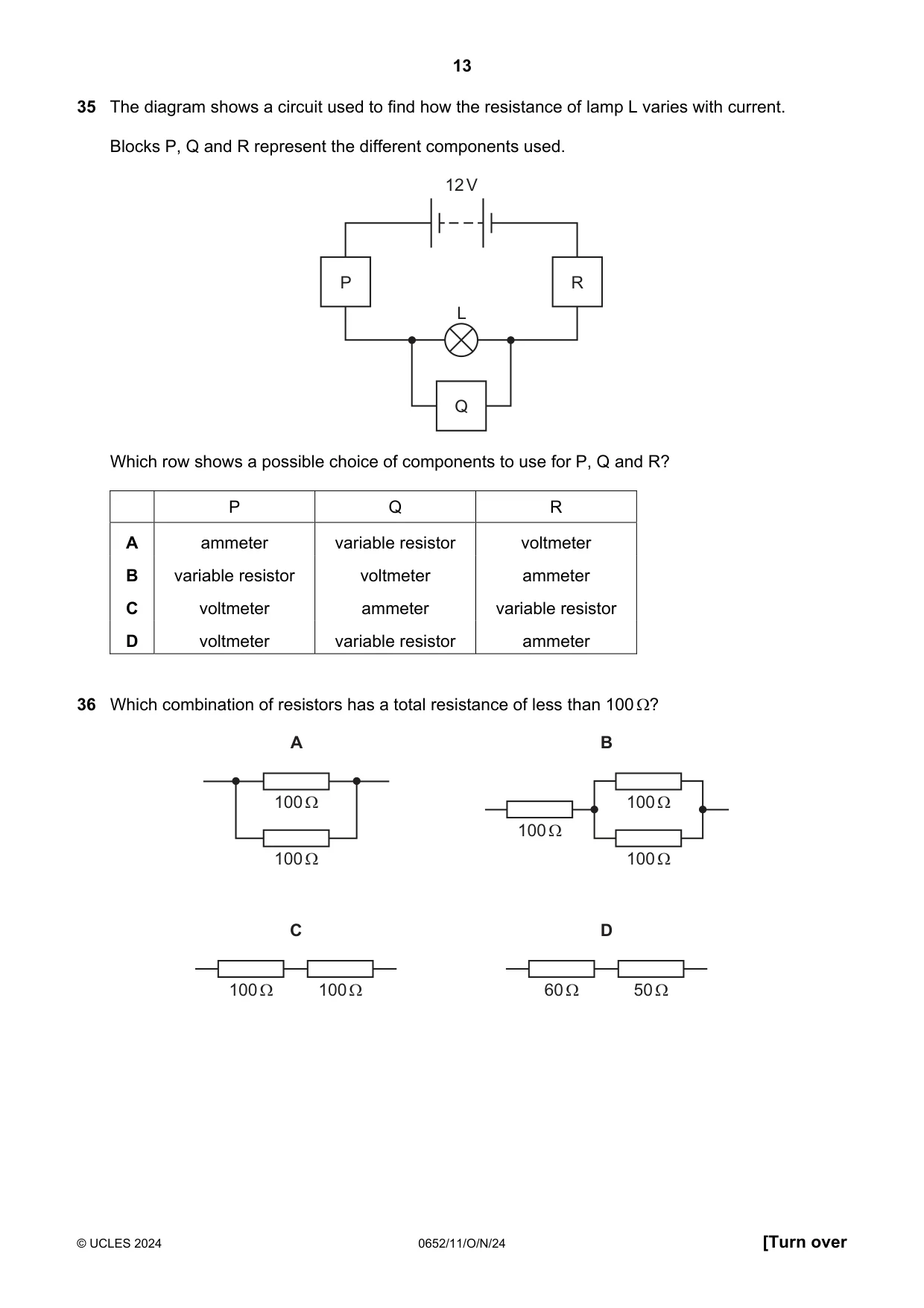 Cambridge IGCSE Physical Science 0652 2024 Oct/Nov Paper 1 · Variant 1 question paper, page 13 of 16