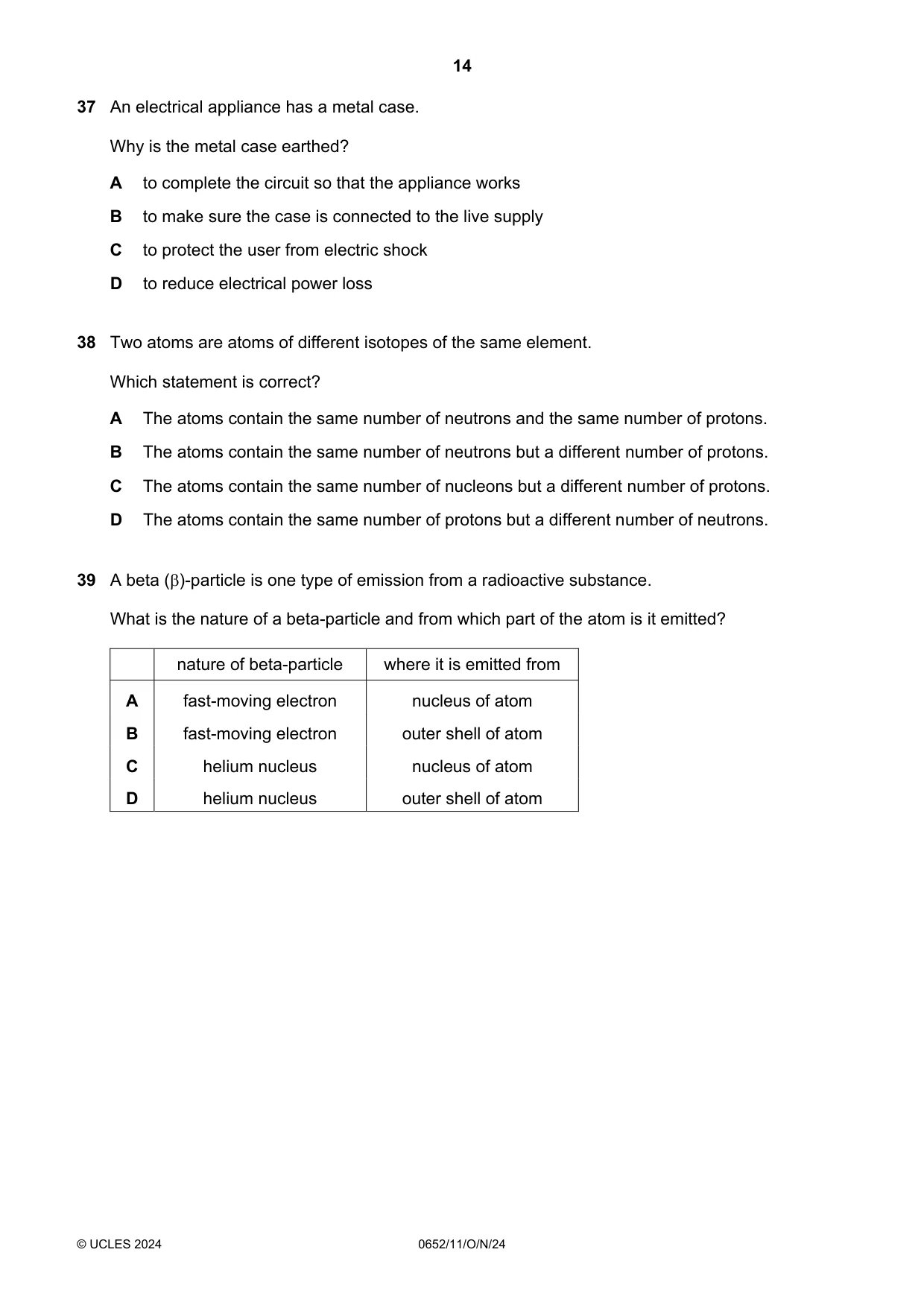 Cambridge IGCSE Physical Science 0652 2024 Oct/Nov Paper 1 · Variant 1 question paper, page 14 of 16