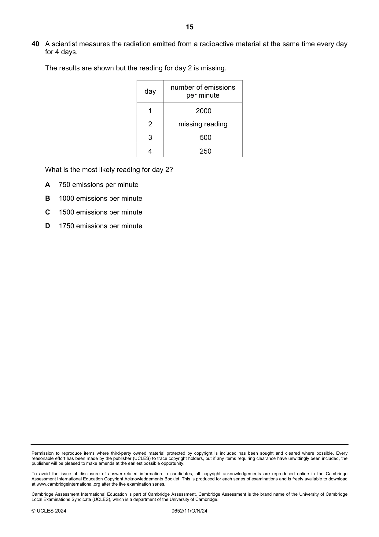 Cambridge IGCSE Physical Science 0652 2024 Oct/Nov Paper 1 · Variant 1 question paper, page 15 of 16