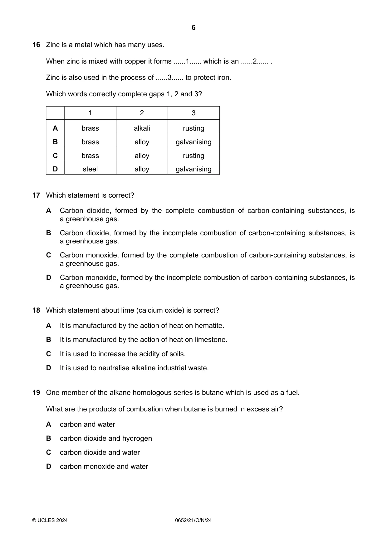 Cambridge IGCSE Physical Science 0652 2024 Oct/Nov Paper 2 · Variant 1 question paper, page 6 of 16