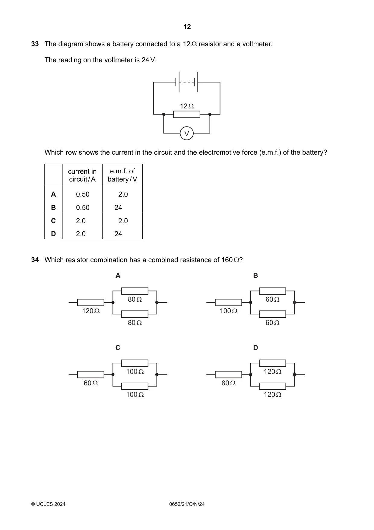 Cambridge IGCSE Physical Science 0652 2024 Oct/Nov Paper 2 · Variant 1 question paper, page 12 of 16