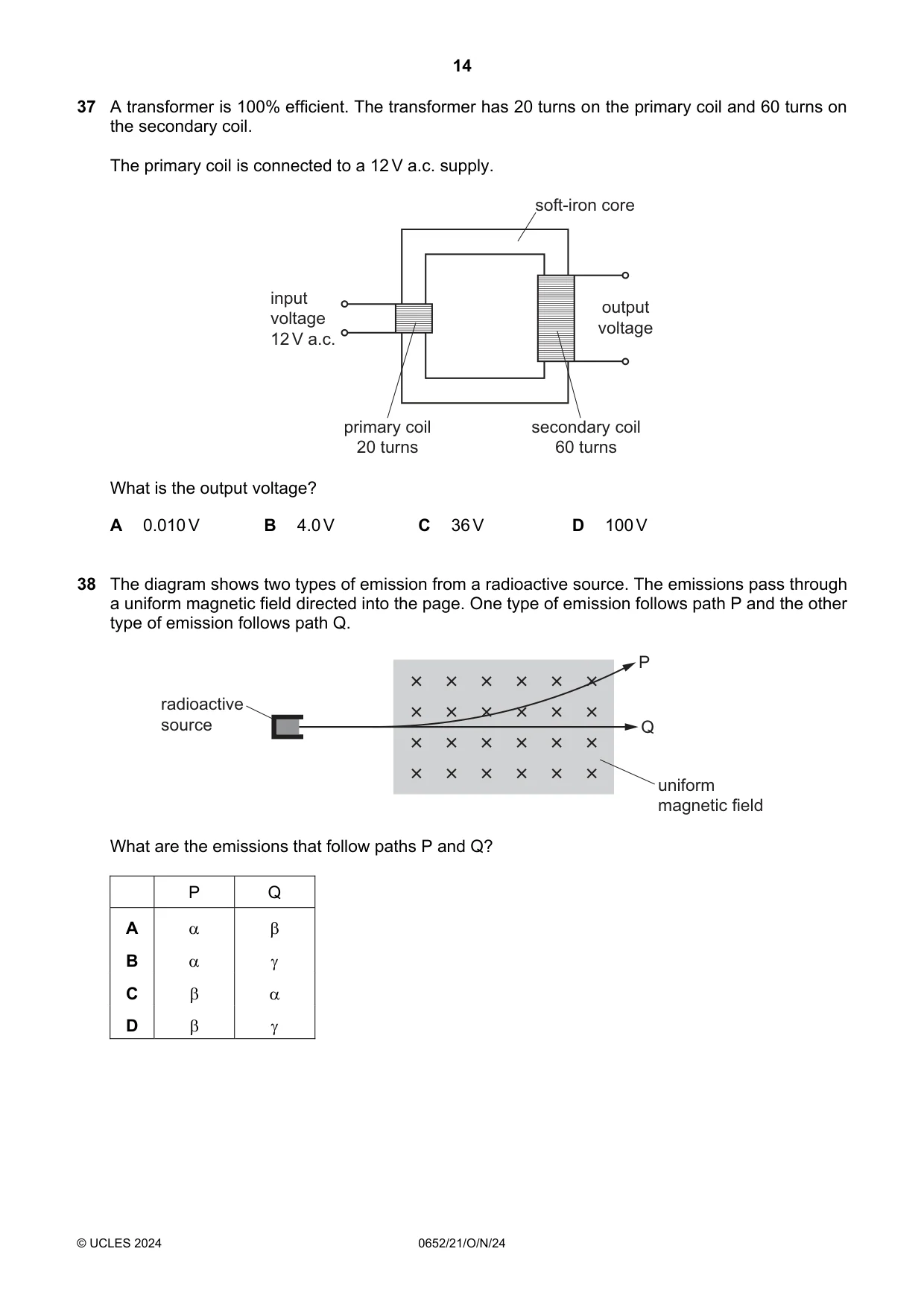 Cambridge IGCSE Physical Science 0652 2024 Oct/Nov Paper 2 · Variant 1 question paper, page 14 of 16