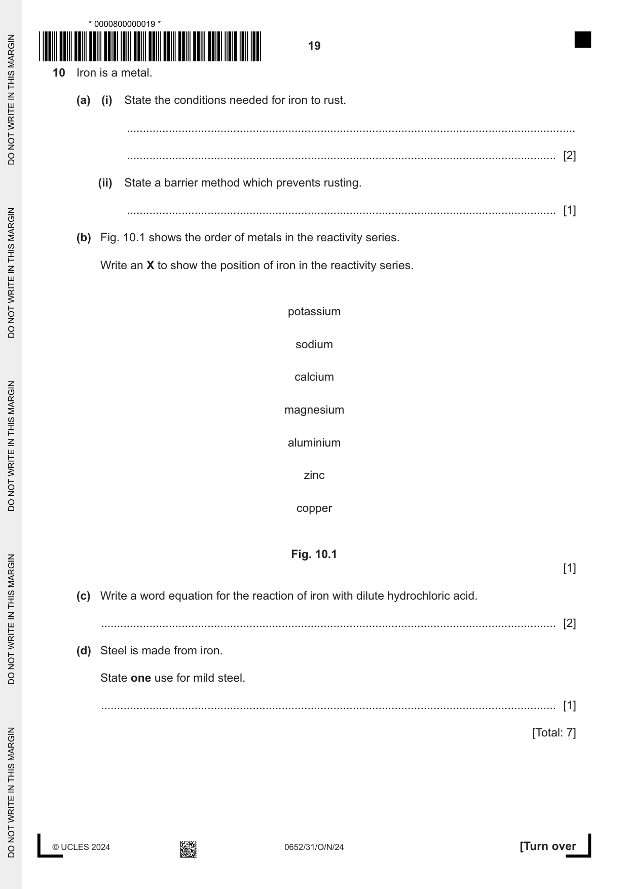 Cambridge IGCSE Physical Science 0652 2024 Oct/Nov Paper 3 · Variant 1 question paper, page 19 of 24