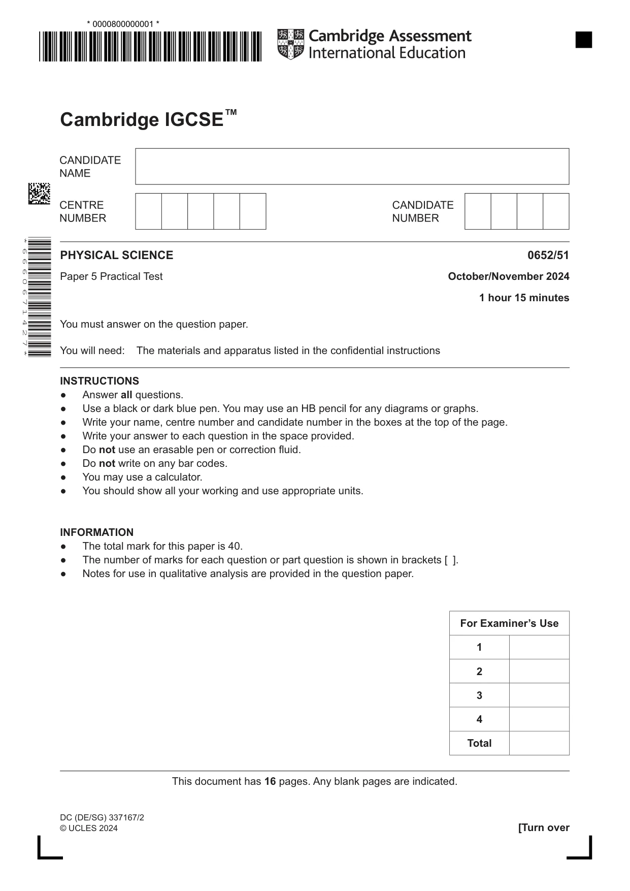 Cambridge IGCSE Physical Science 0652 2024 Oct/Nov Paper 5 · Variant 1 question paper, page 1 of 16