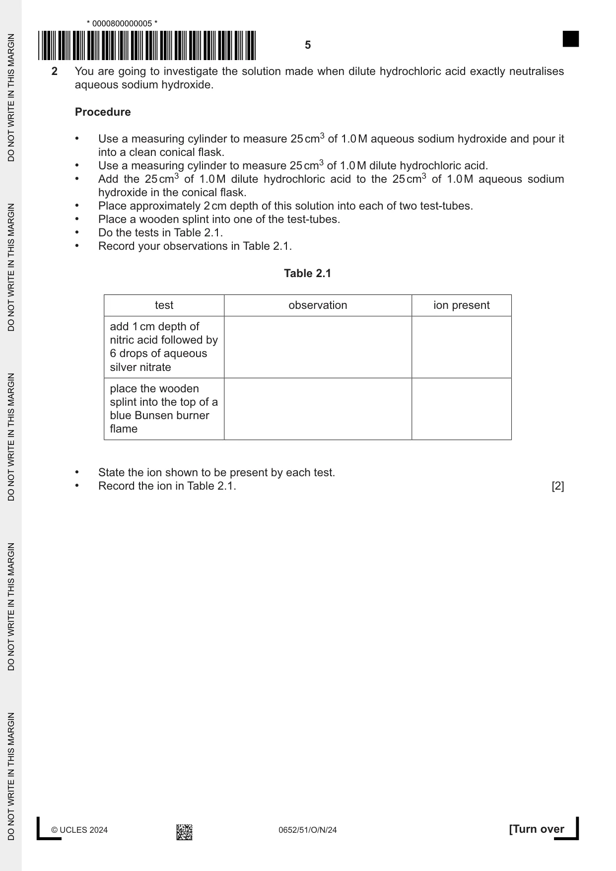 Cambridge IGCSE Physical Science 0652 2024 Oct/Nov Paper 5 · Variant 1 question paper, page 5 of 16