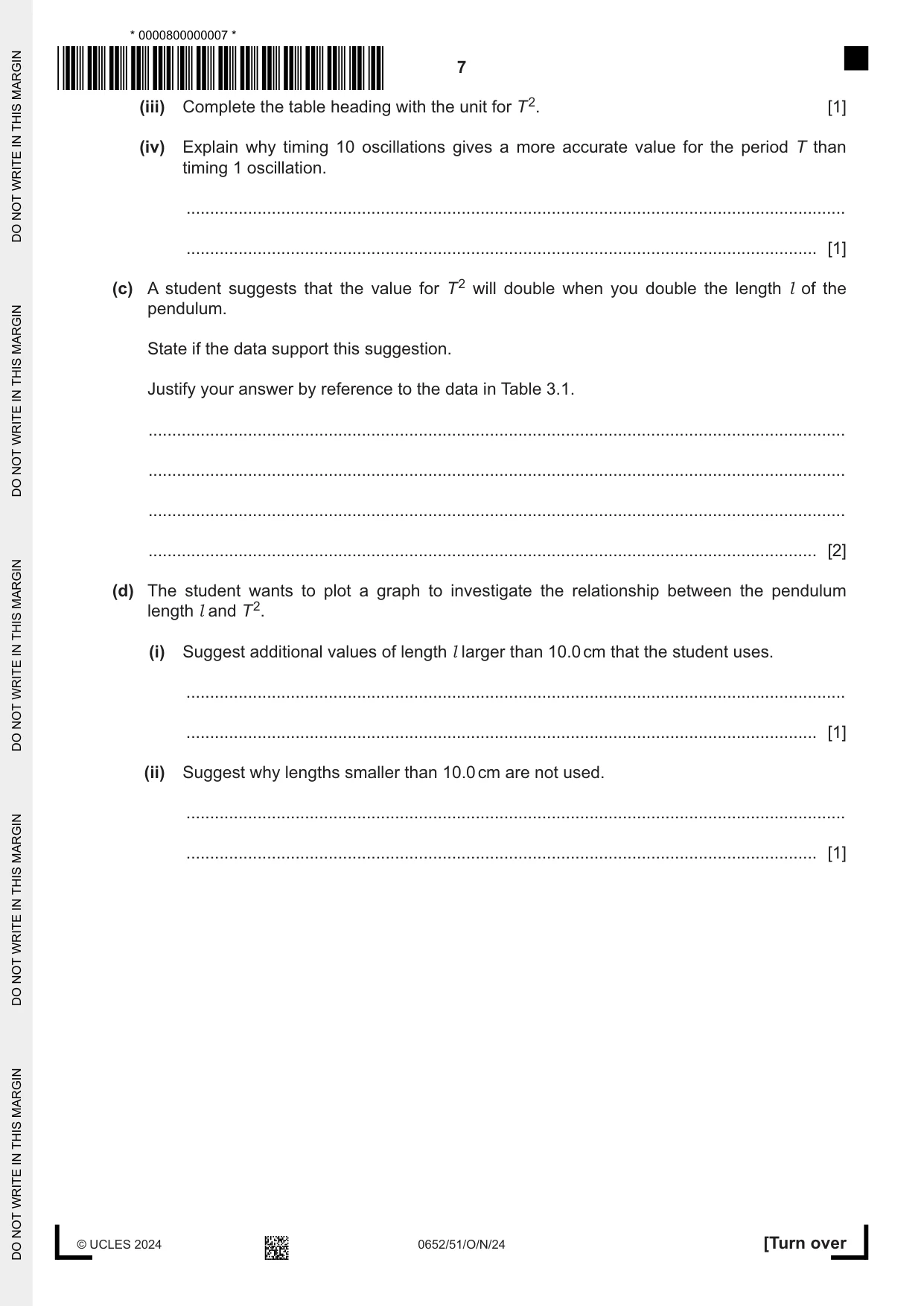 Cambridge IGCSE Physical Science 0652 2024 Oct/Nov Paper 5 · Variant 1 question paper, page 7 of 16