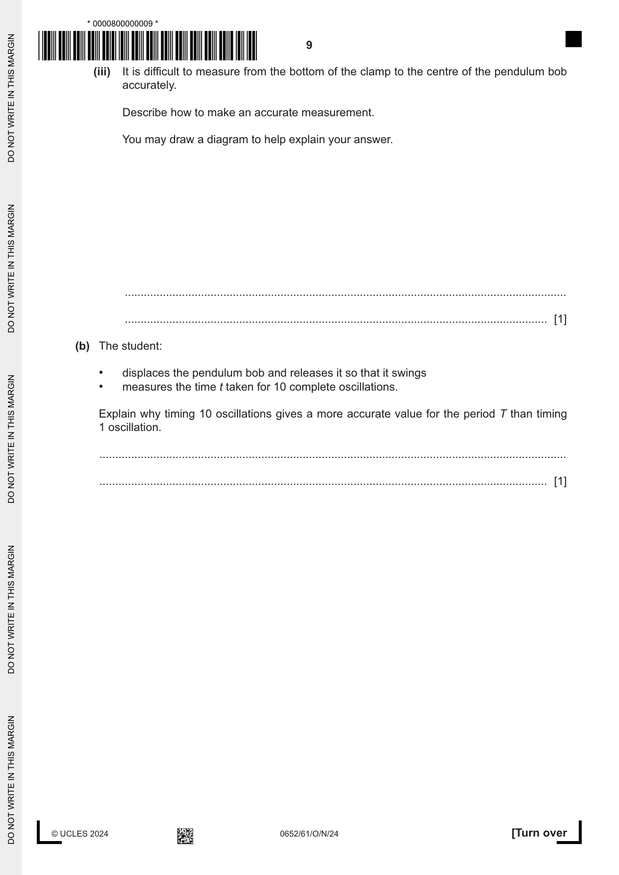 Cambridge IGCSE Physical Science 0652 2024 Oct/Nov Paper 6 · Variant 1 question paper, page 9 of 16