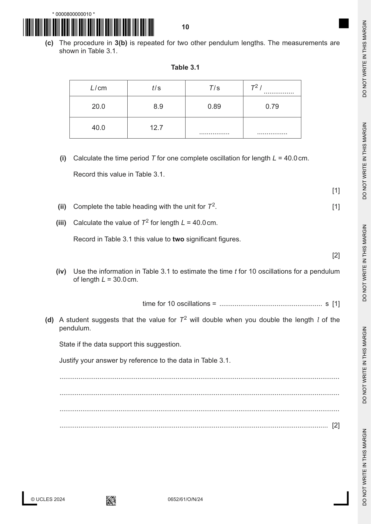 Cambridge IGCSE Physical Science 0652 2024 Oct/Nov Paper 6 · Variant 1 question paper, page 10 of 16
