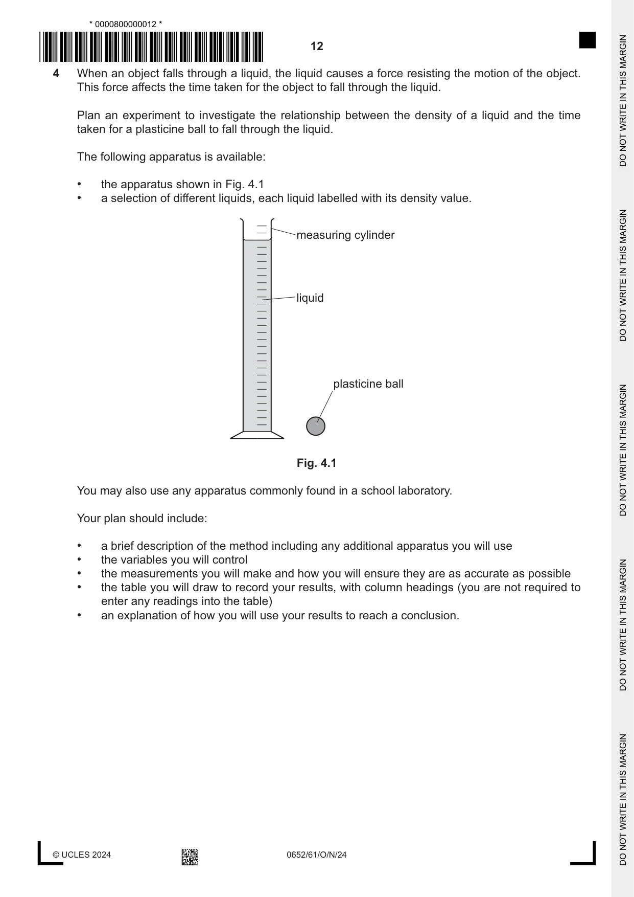 Cambridge IGCSE Physical Science 0652 2024 Oct/Nov Paper 6 · Variant 1 question paper, page 12 of 16