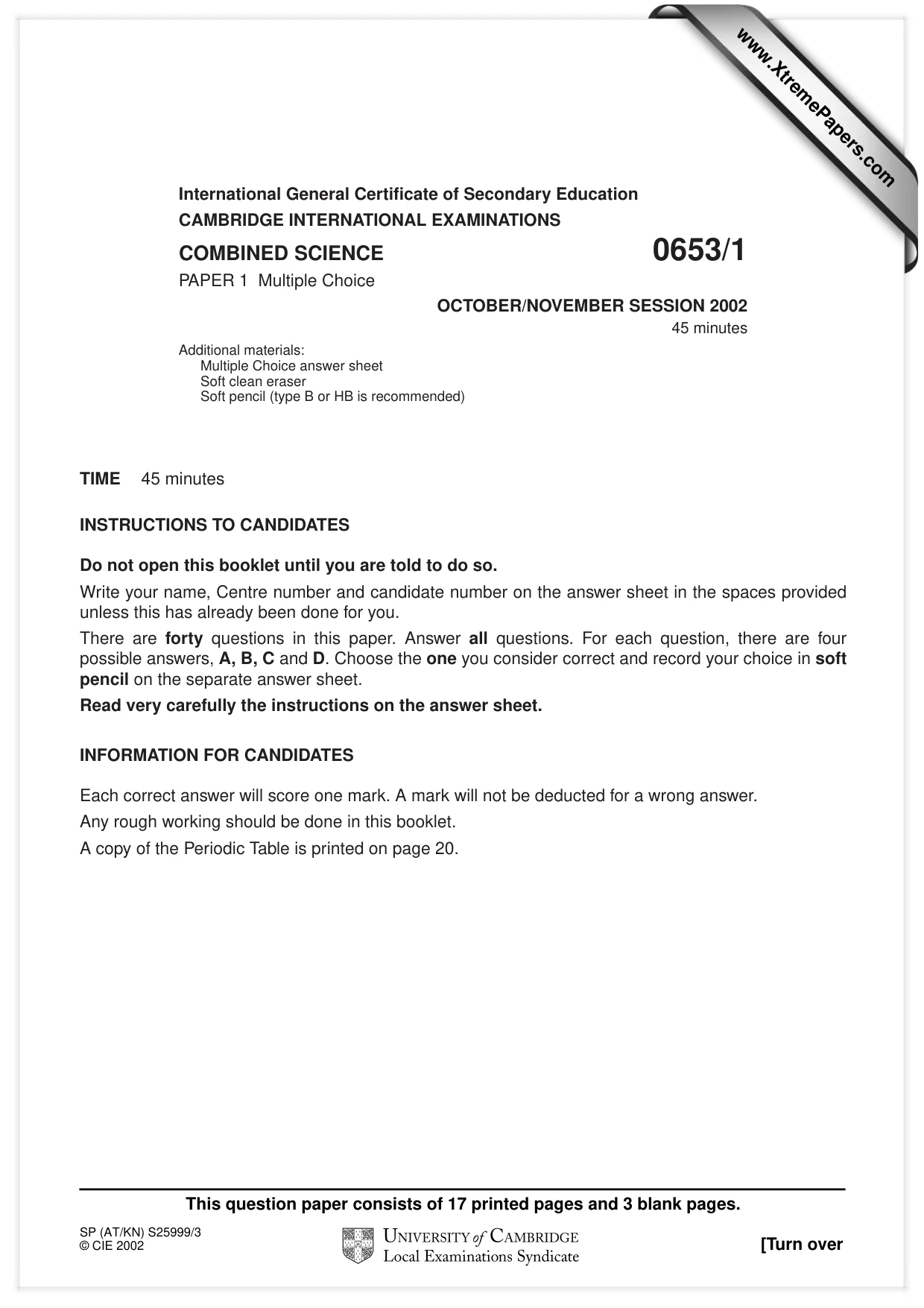 Cambridge IGCSE Science - Combined 0653 2002 Oct/Nov Paper 1 · Variant 1 question paper, page 1 of 20