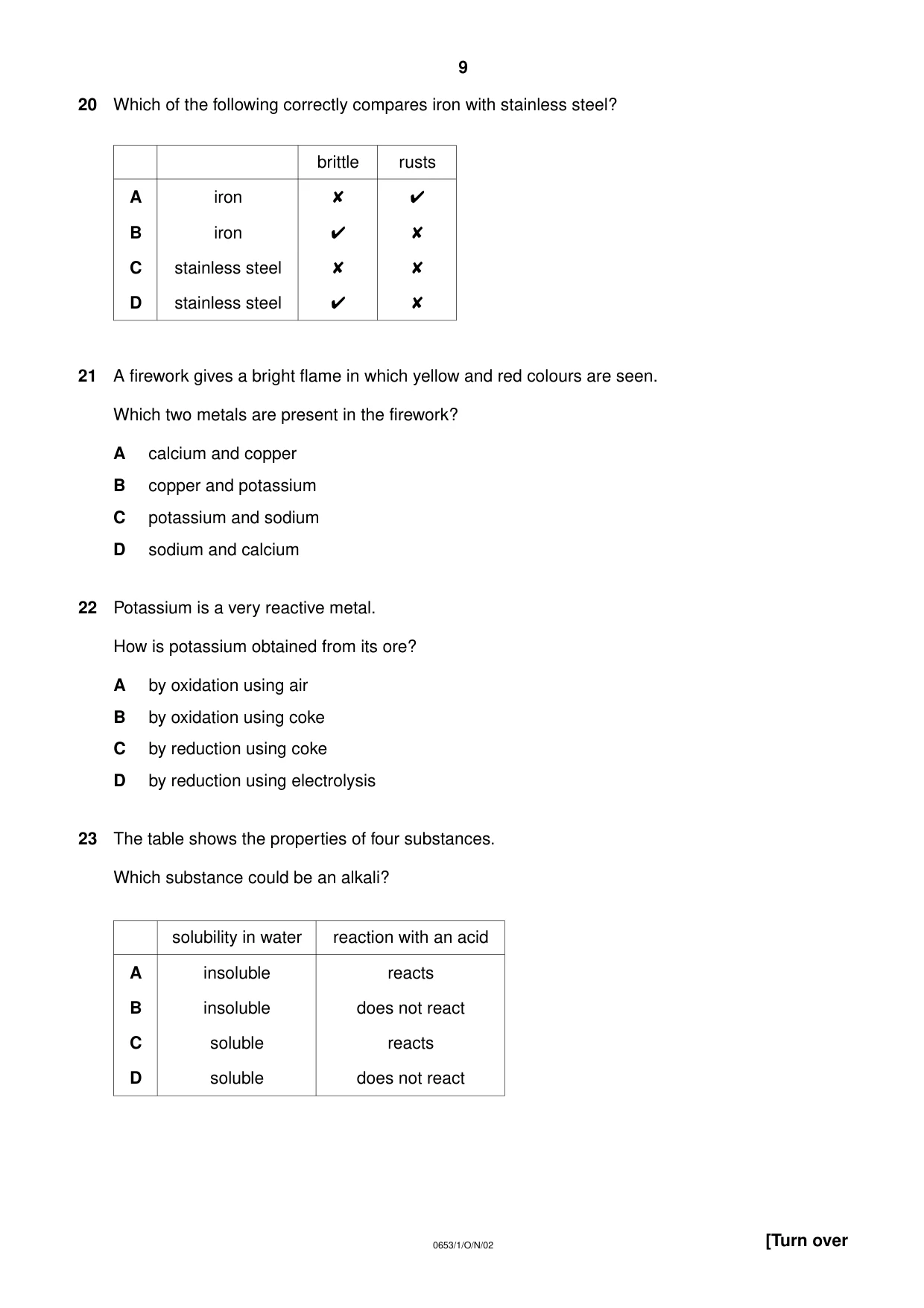 Cambridge IGCSE Science - Combined 0653 2002 Oct/Nov Paper 1 · Variant 1 question paper, page 9 of 20