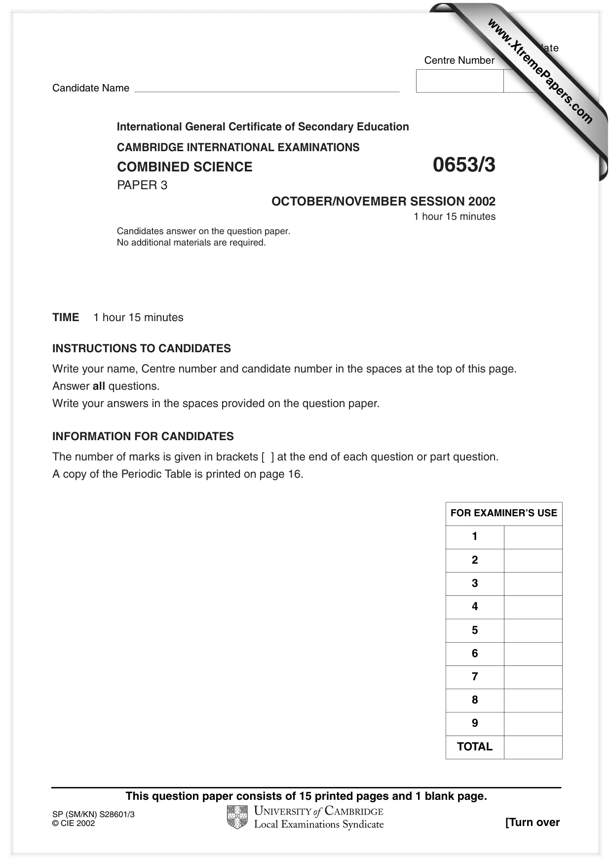 Cambridge IGCSE Science - Combined 0653 2002 Oct/Nov Paper 3 · Variant 1 question paper, page 1 of 16