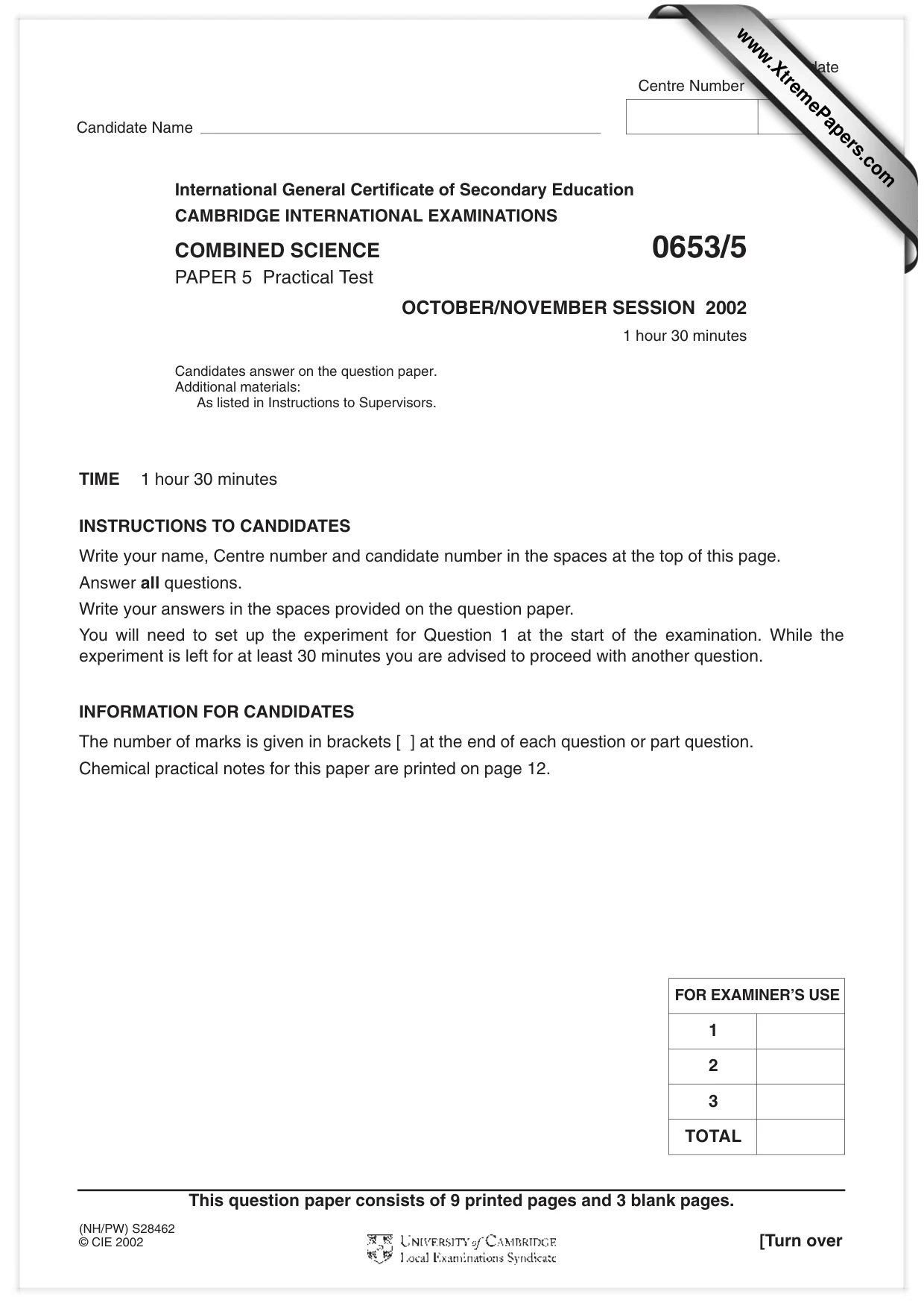 Cambridge IGCSE Science - Combined 0653 2002 Oct/Nov Paper 5 · Variant 1 question paper, page 1 of 12